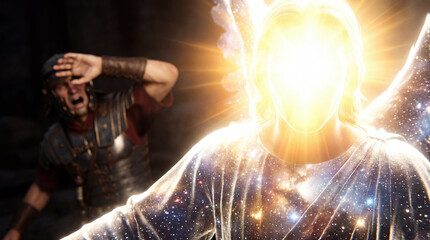 Shining angel with celestial robes appearing in the tomb. Terrified Roman soldier shielding his eyes from the divine light. Biblical concept of Jesus Christ's resurrection and Easter miracle.