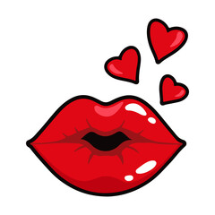sexy red lips blowing heart kisses, romantic valentine pop art illustration