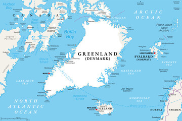 Greenland and Arctic Region, political map of the largest island of the world, situated between Arctic and Atlantic ocean, east of the Canadian Arctic Archipelago. With Iceland, and Svalbard. Vector