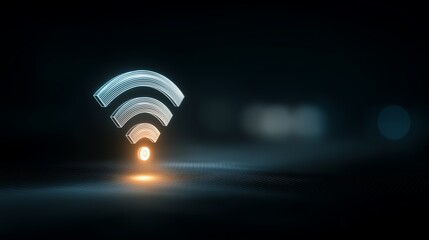 Stylized Wi-Fi icon glows with blue and orange arcs above a dark digital grid surface. High-tech representation of wireless connectivity, signal strength, and modern communication infrastructure 