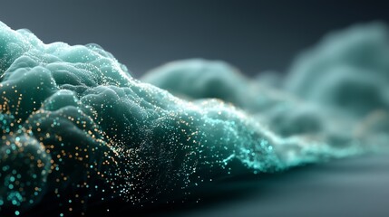Wave-like formation of teal textures and glowing particles illustrates digital connectivity, neural logic, and scalable data systems. It reflects intelligent infrastructure and machine learning