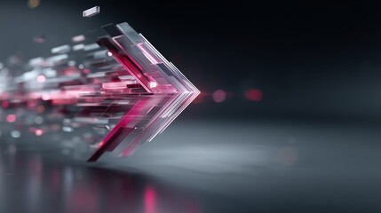 Glass-like arrow with pink-red highlights moves rightward with light trails. Symbol of strategic acceleration, digital transformation, and business agility. Forward-thinking in technology performance 