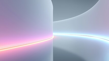 Smooth architectural surfaces with neon accents in blue, purple, and pink form a futuristic spatial interface. Design suggests immersive environments use for digital branding and innovation purposes.