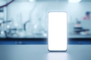 A white-screen smartphone stands upright on a lab bench surrounded by blurred scientific equipment. Highlights digital integration in research environments plus mobile experimentation.
