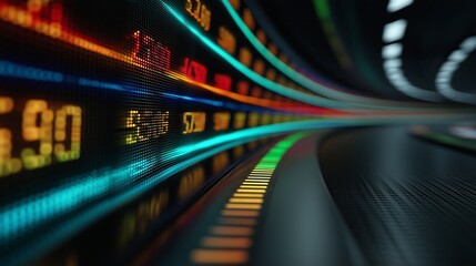 Multicolored LED stock ticker scrolls financial data across curved display, dynamic market activity. A visualization of trading environments, financial analytics, and real-time business intelligence