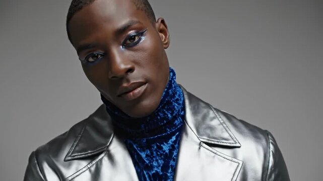 Man wearing blue eye makeup and silver leather jacket indoors