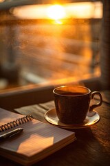 Sunrise View Coffee And Notebook On Wooden Table