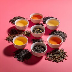 Assortment Of Teas In White Cups On Pink Background