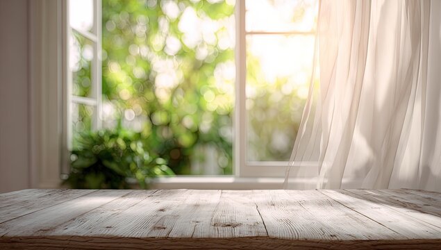 Interior shot with a wooden table foreground, light streaming through an open window