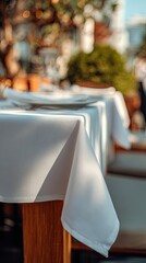 Outdoor Restaurant Table Setting With White Tablecloth