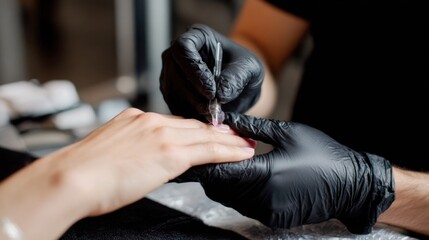 Medium shot of a student applying natural nail care techniques on a clients hands with soft background blur highlighting focused precision and learning environment.