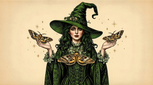 Vintage Green Witch with Three Moths Magic and Witchcraft Halloween Greeting Card Illustration on Beige Background