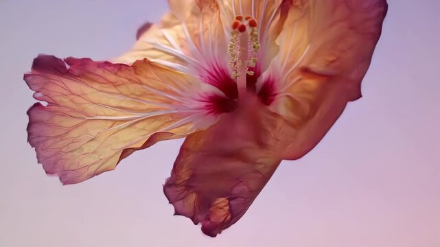 Close-up of blooming hibiscus flowers in pastel tones, pink and orange petals, delicate details, soft gradient background