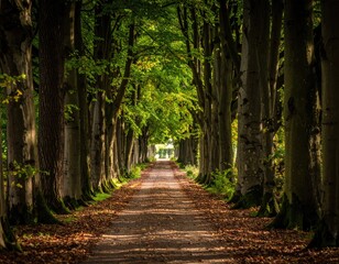 Obraz premium Pathway through an avenue of tall trees, bathed in sunlight.