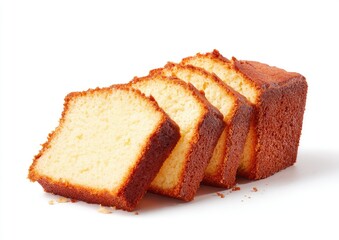 Sliced pound cake, golden crust, on white