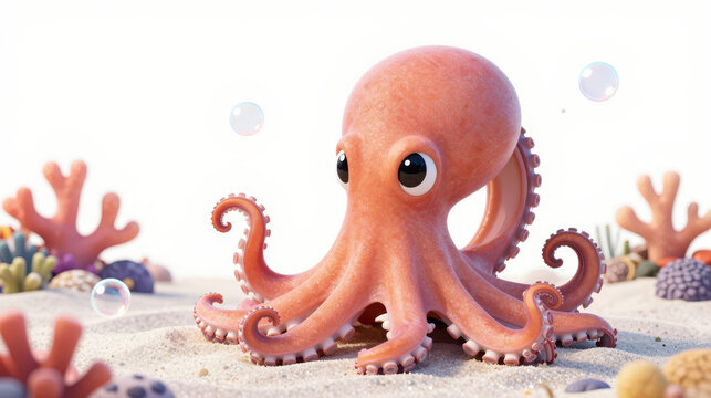 Cute pink octopus with big eyes curled tentacles underwater among coral and bubbles expressing curious joy