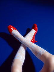 Fashion concept with crossed legs wearing red shoes and white socks ai generated