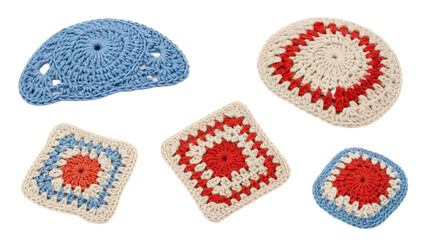 Crochet items including granny squares and other decorative pieces displayed on a white background
