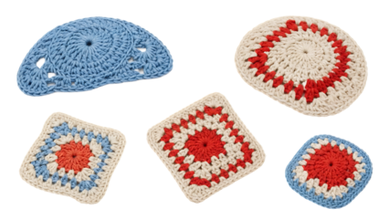 Crochet items including granny squares and other decorative pieces displayed on a white background
