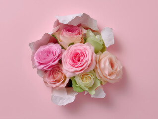 Pink roses breaking through paper background floral concept ai generated