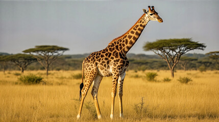 Majestic giraffe standing tall in golden grass field under soft blue sky, symbolizing freedom and serenity