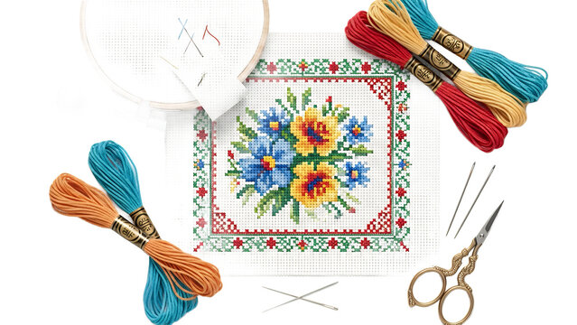 Stitching a vibrant floral needlepoint design with colorful threads and embroidery tools on a white background