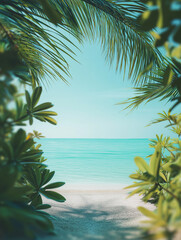 Tropical beach with turquoise sea, palm leaves and bright blue sky illustration, ai generated
