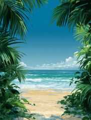 Tropical beach with turquoise sea, palm leaves and bright blue sky illustration, ai generated