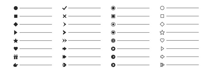 Minimal bullet list icons vector set, outline and flat UI elements with arrows, circles, markers and numbers for interface design and web mobile applications on transparent background