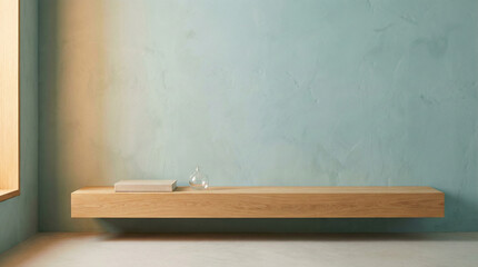 minimalist wooden floating shelf with book and glass vase against teal textured wall