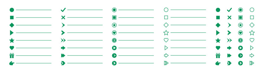 Bullet list icon set with checkmarks arrows dots and UI elements vector illustration on transparent background © Ira