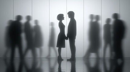 Silhouette couple holding hands in modern interior with blurred figures in background, ai generated