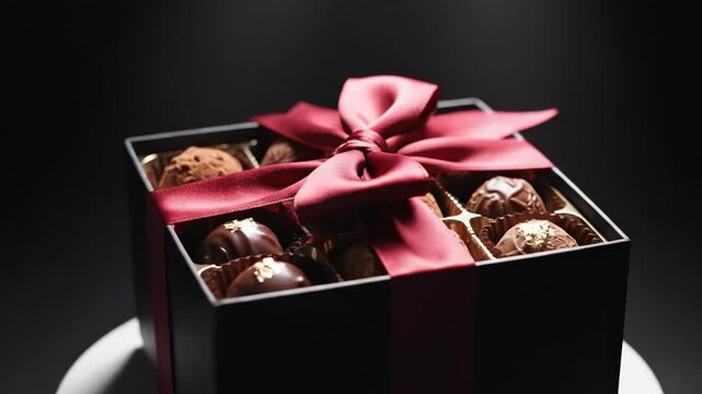 Delicious Christmas gift box filled with sweet chocolate snacks and festive sugar candy decorations on a holiday plate surrounded by fresh berries and nuts for a celebrationDelicious Christmas gift bo