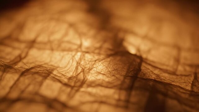 Highly detailed slow motion macro shot showing a soft flickering warm light source contained within translucent textured paper creating a cozy atmosphere autumn, cozy, within