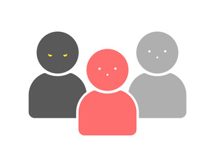 1人の人物が怖い顔をしている3人組のアイコン - 被害者と加害者の関係を表すシンプルなイラスト