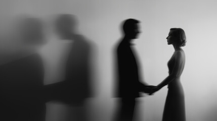 Silhouette couple holding hands in minimalist interior with soft light and shadows, ai generated