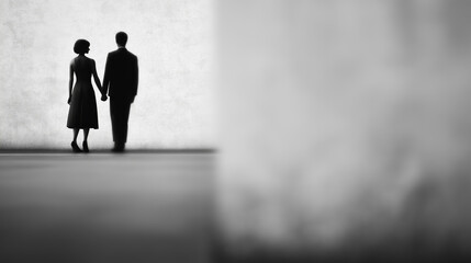 Silhouette couple holding hands in minimalist interior with soft light and shadows, ai generated