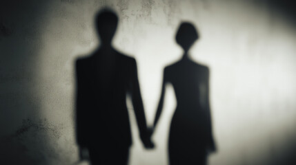 Silhouette couple holding hands in minimalist interior with soft light and shadows, ai generated