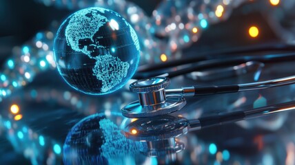 telemedicine global health. Globe and stethoscope symbolize global health and medical care in a vibrant, illuminated setting.
