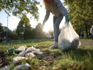 Volunteer picking up plastic trash in a public park to protect the environment, ai generated