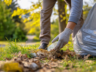 Volunteer picking up plastic trash in a public park to protect the environment, ai generated