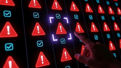 Hand Interacting With Neon Warning Signs