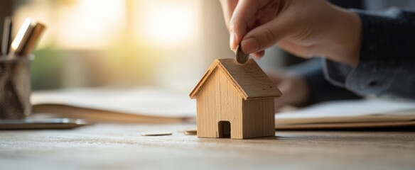 The wooden house model representing saving for a home with coin deposit