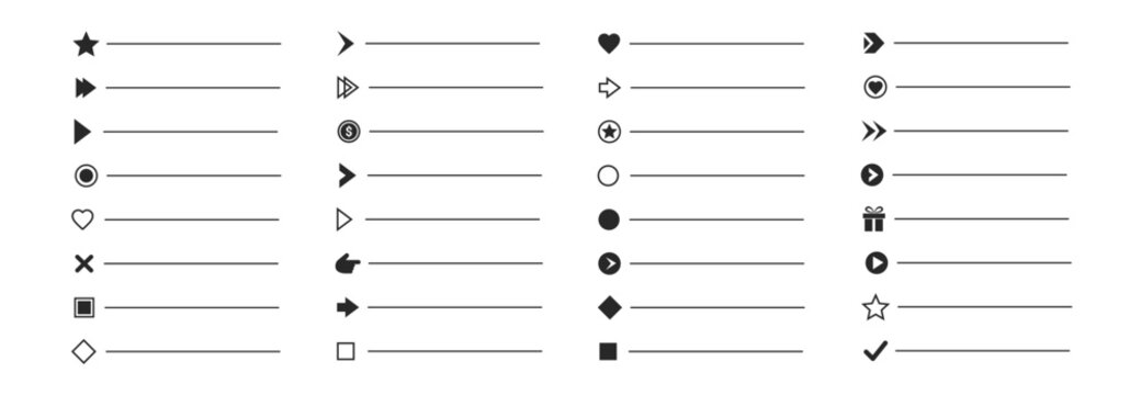 Bullet list icon vector set with arrows check marks circles and dots for UI menus web and mobile interface infographic and presentation on transparent background