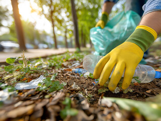 Volunteer picking up plastic trash in a public park to protect the environment, ai generated