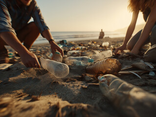 Plastic waste pollution on the beach with volunteers cleaning up trash at sunset, ai generated