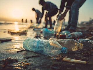 Plastic waste pollution on the beach with volunteers cleaning up trash at sunset, ai generated