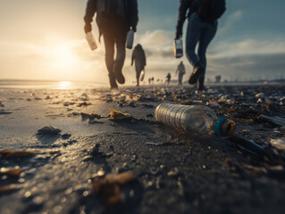 Plastic waste pollution on the beach with volunteers cleaning up trash at sunset, ai generated