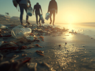 Plastic waste pollution on the beach with volunteers cleaning up trash at sunset, ai generated