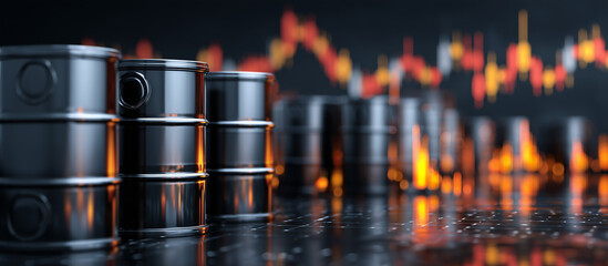 Barrels of oil are arranged in a factory with financial graph